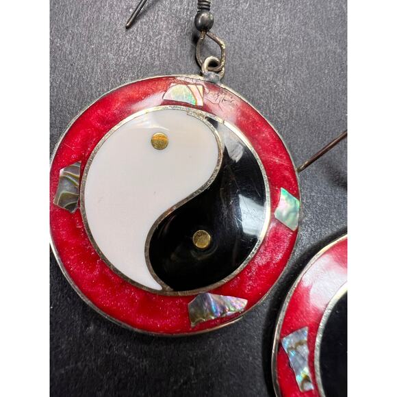 Vintage ALPACA MEXICO Silver MOP Abalone Yin Yang Drop Earrings - Picture 7 of 14